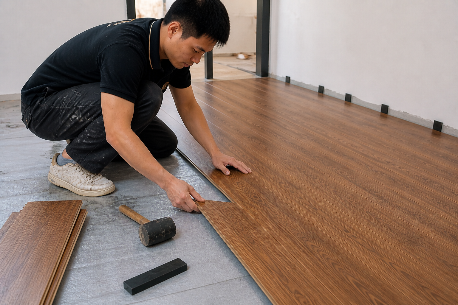 Thợ thi công lắp đặt sàn gỗ thực tế