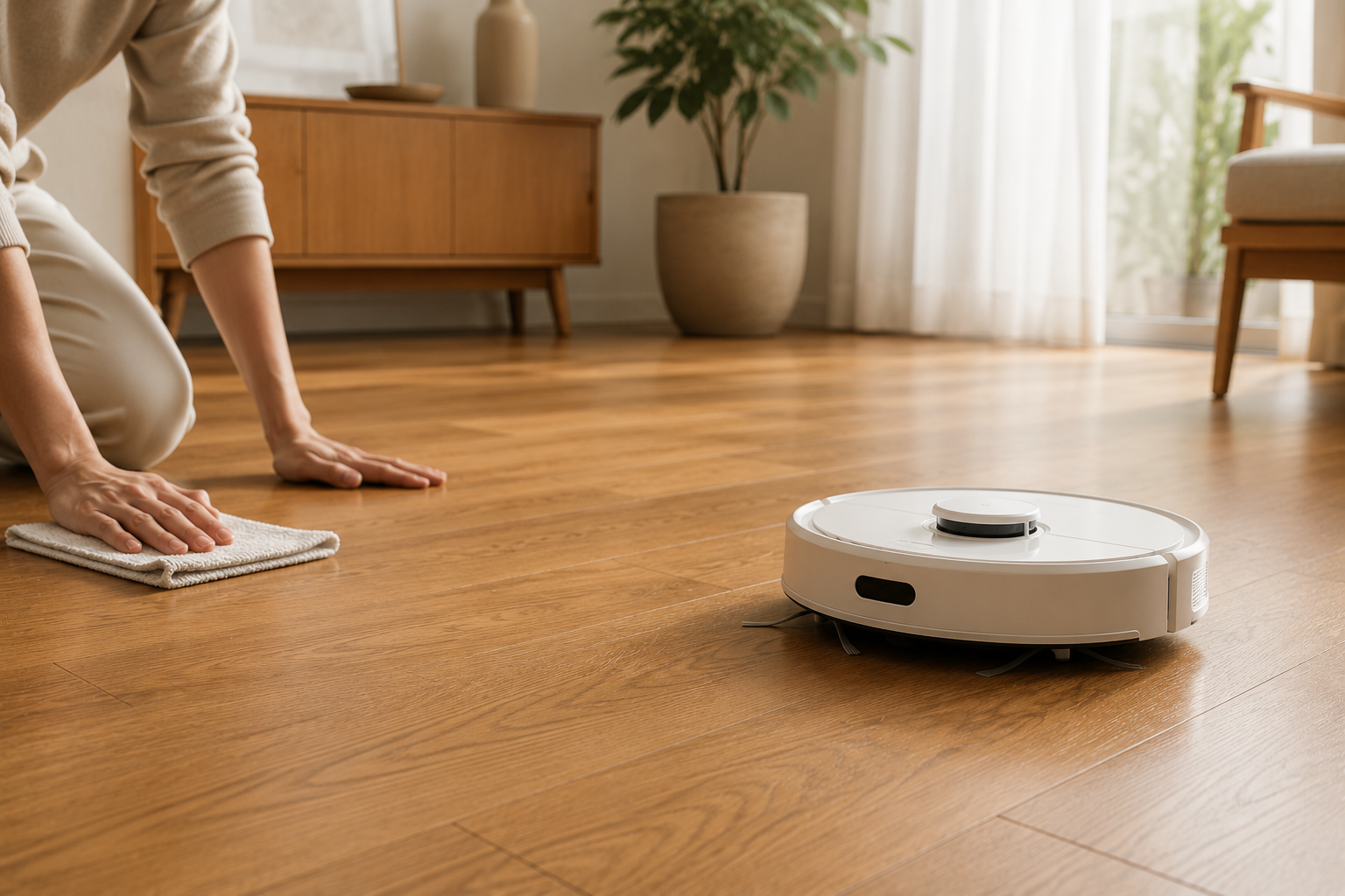 Vệ sinh sàn gỗ tự nhiên đúng cách bằng khăn microfiber và robot hút bụi